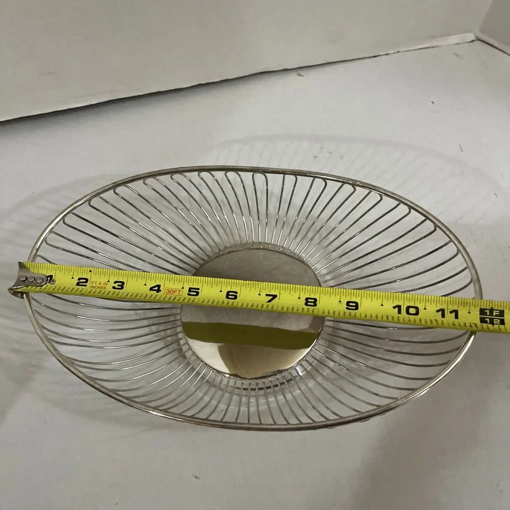 Vintage Mid Century Silver Toned Oval Wire Fruit Bowl Basket 12” MCM Hong Kong